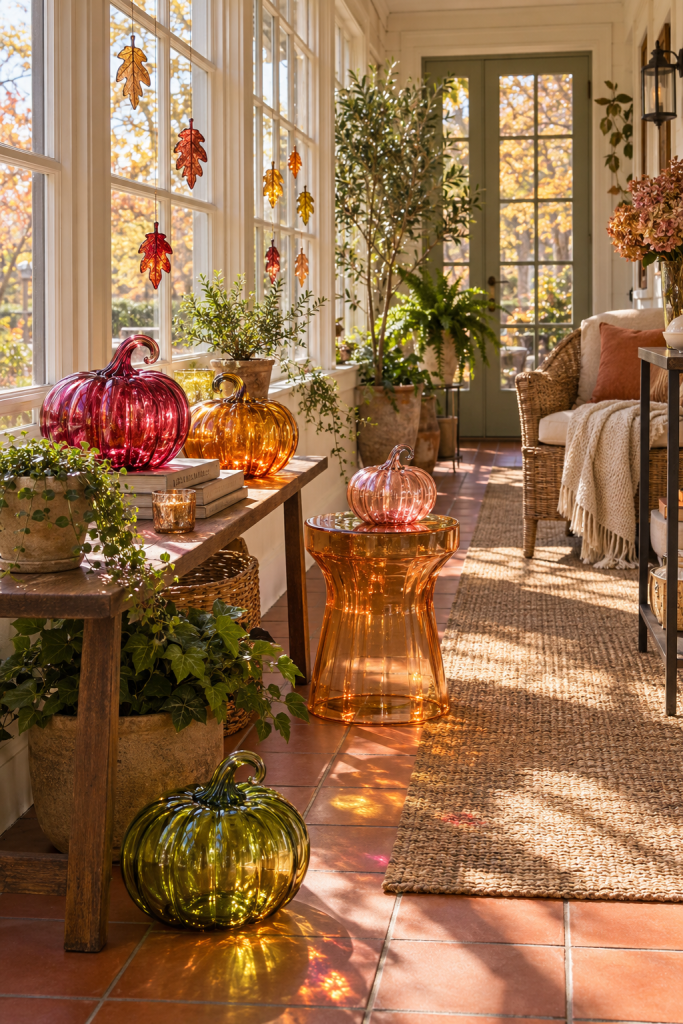 Sunny fall sunroom with colorful glass pumpkins, plants and hanging leaves.