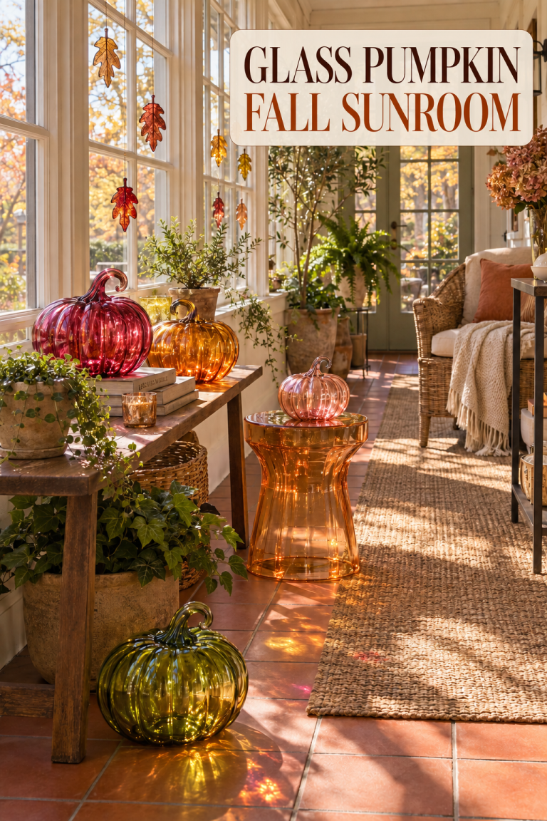 Sunny fall sunroom with colorful glass pumpkins, plants and hanging leaves.