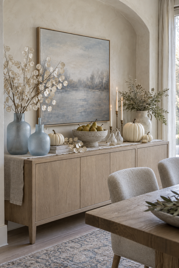 Icy blue vases, white pumpkins and pears styled on a pale wood credenza.