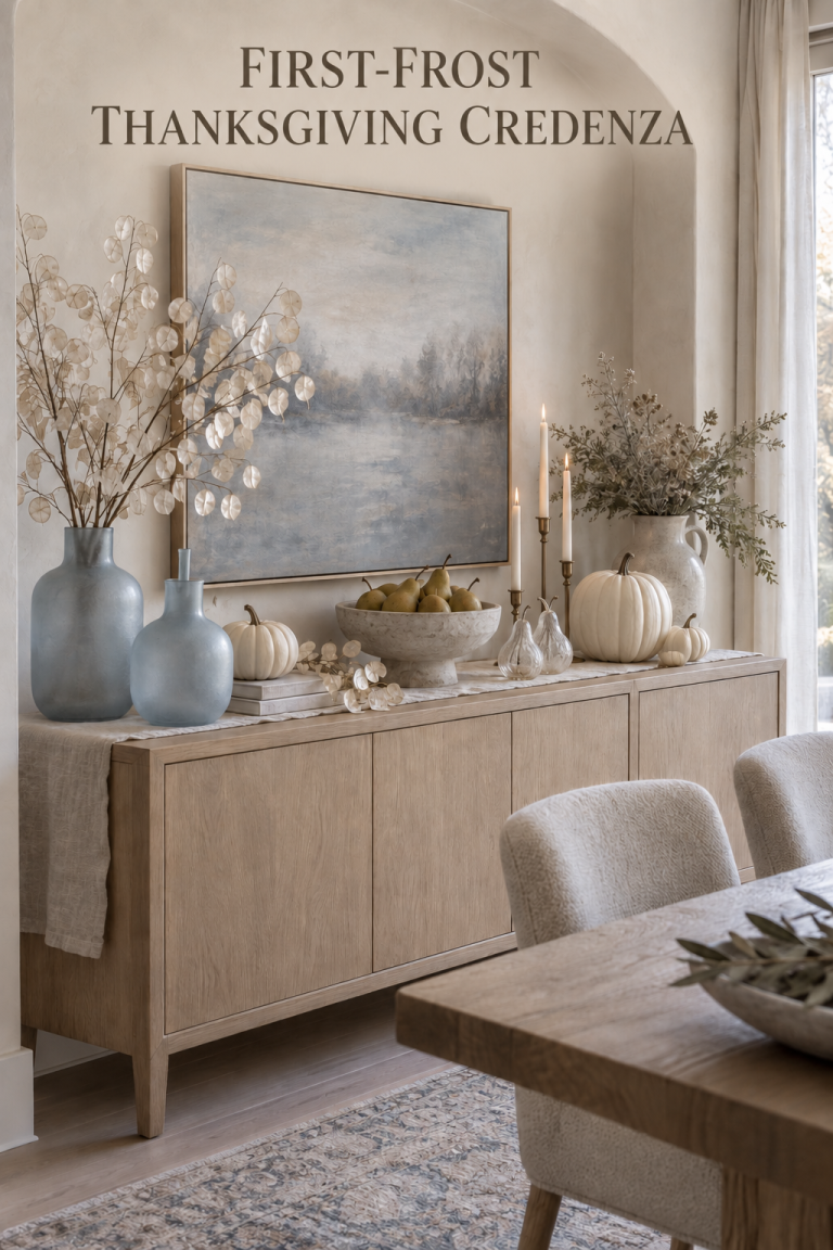 Icy blue vases, white pumpkins and pears styled on a pale wood credenza.