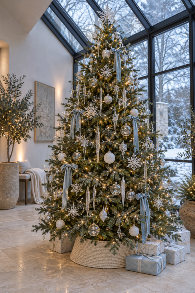 Christmas tree with clear icicles, white snowflakes and pale blue velvet bows.