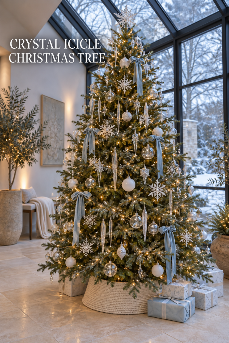 Christmas tree with clear icicles, white snowflakes and pale blue velvet bows.