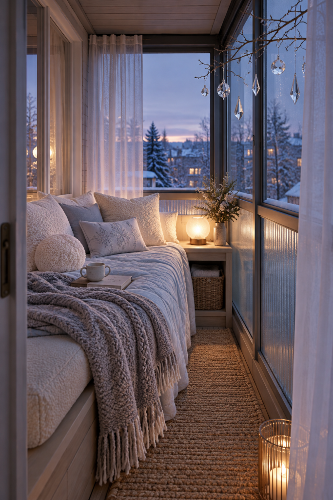 Winter daybed nook with white pillows, gray throw and hanging crystal drops.