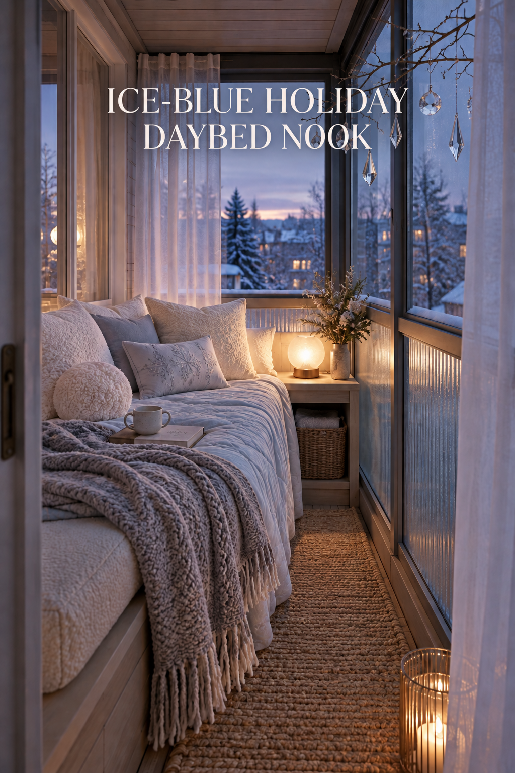 Winter daybed nook with white pillows, gray throw and hanging crystal drops.