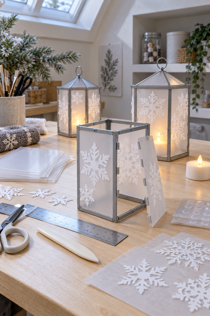 Frosted snowflake lanterns and craft supplies on a pale wood worktable.