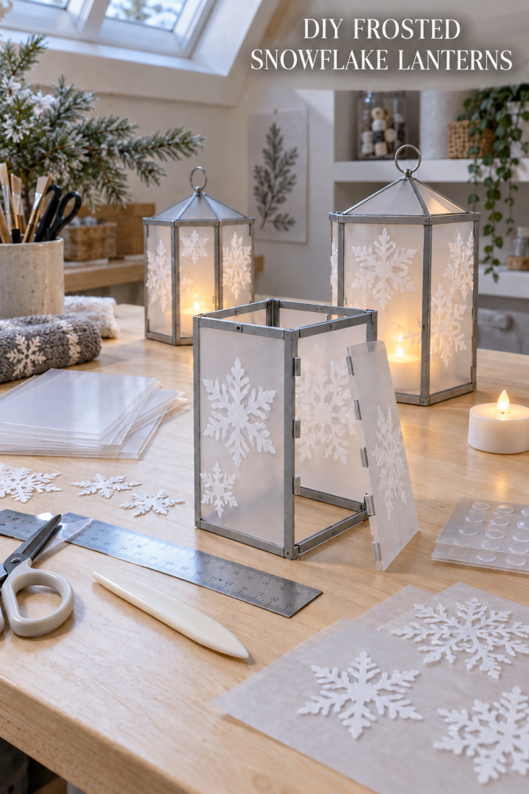 Frosted snowflake lanterns and craft supplies on a pale wood worktable.