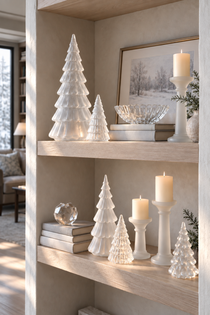 Frosted glass trees and white candleholders styled on pale oak shelves.