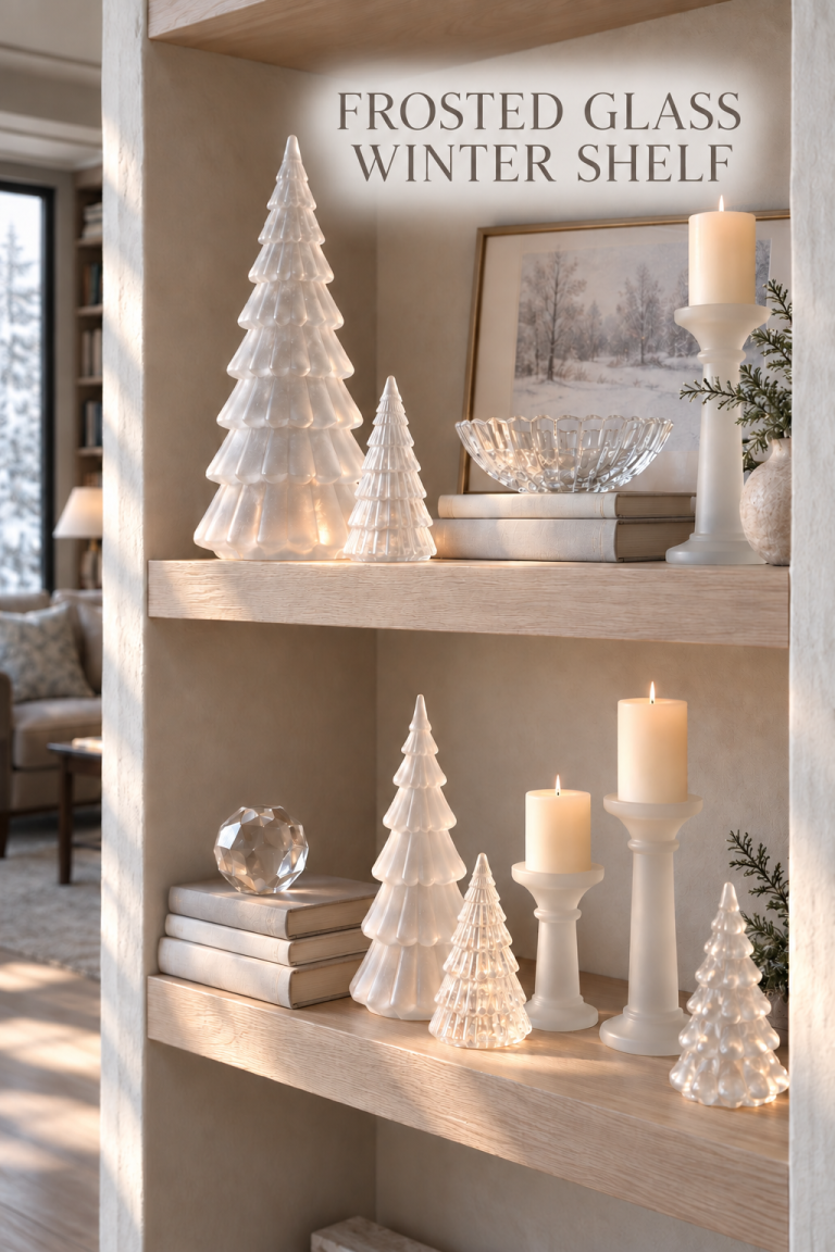 Frosted glass trees and white candleholders styled on pale oak shelves.