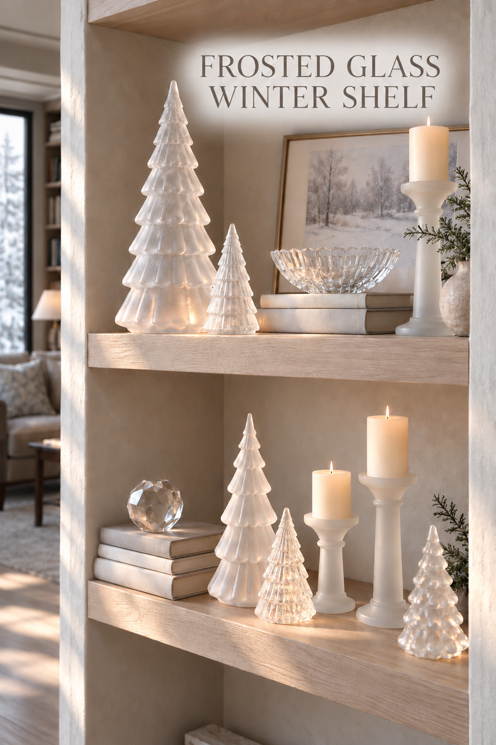 Frosted glass trees and white candleholders styled on pale oak shelves.