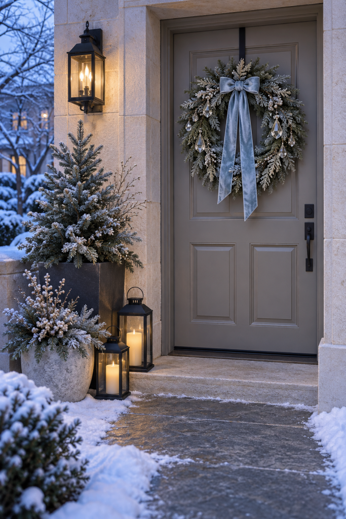 Ice-blue wreath, frosted planters and black lanterns at a snowy doorway.