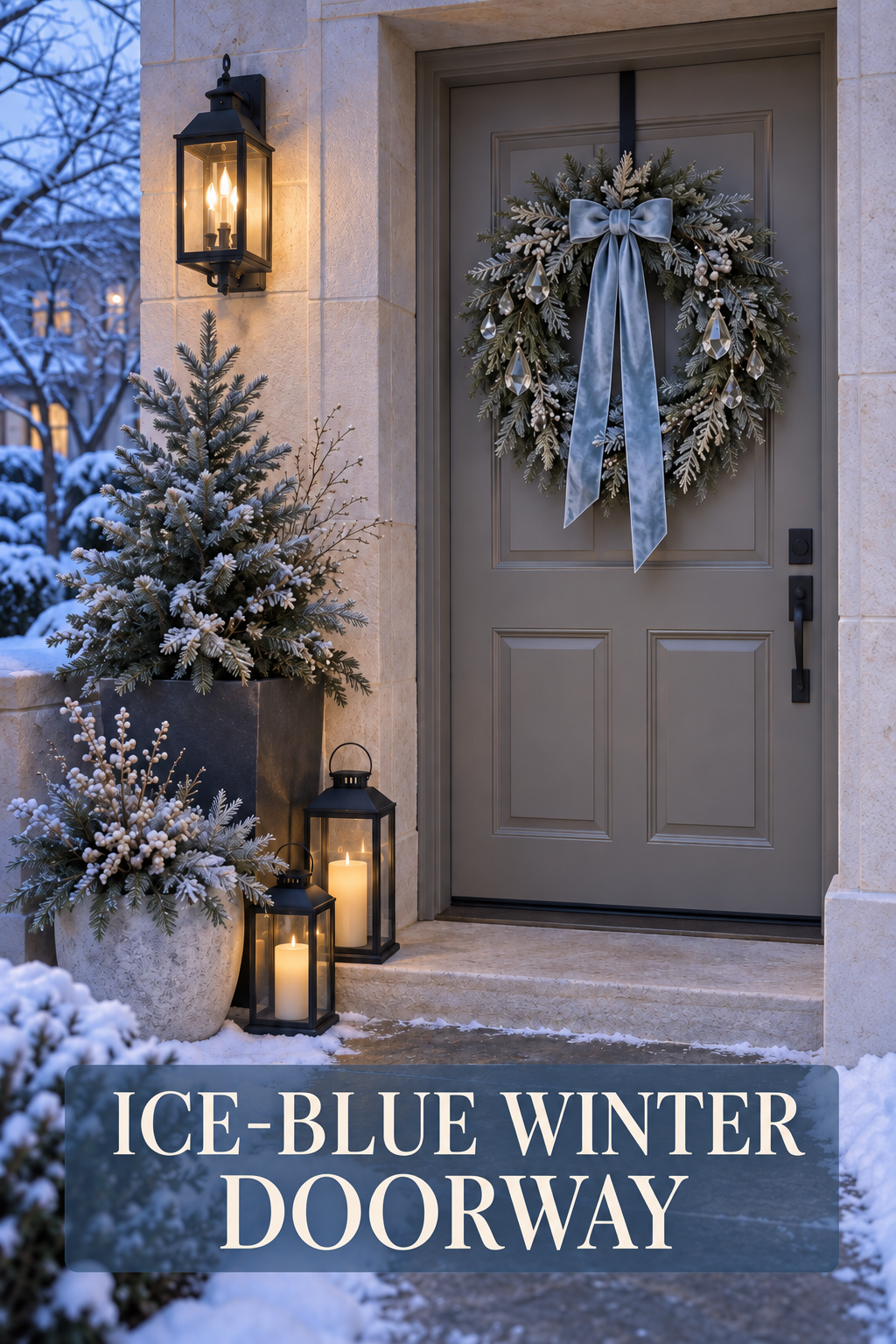 Ice-blue wreath, frosted planters and black lanterns at a snowy doorway.
