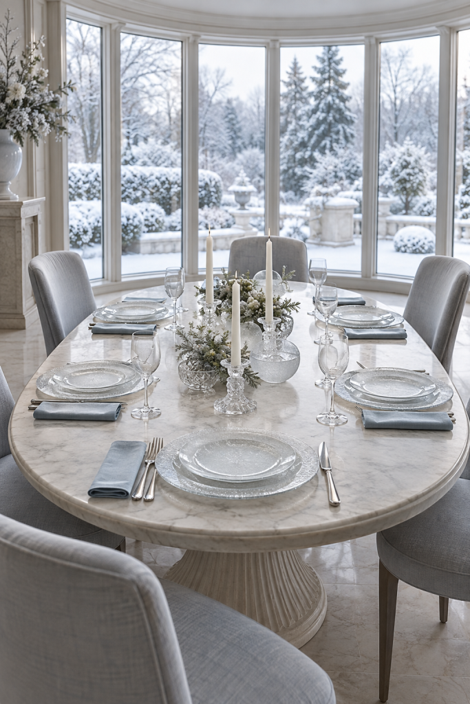 Ice-blue holiday table with glass plates and crystal candleholders.