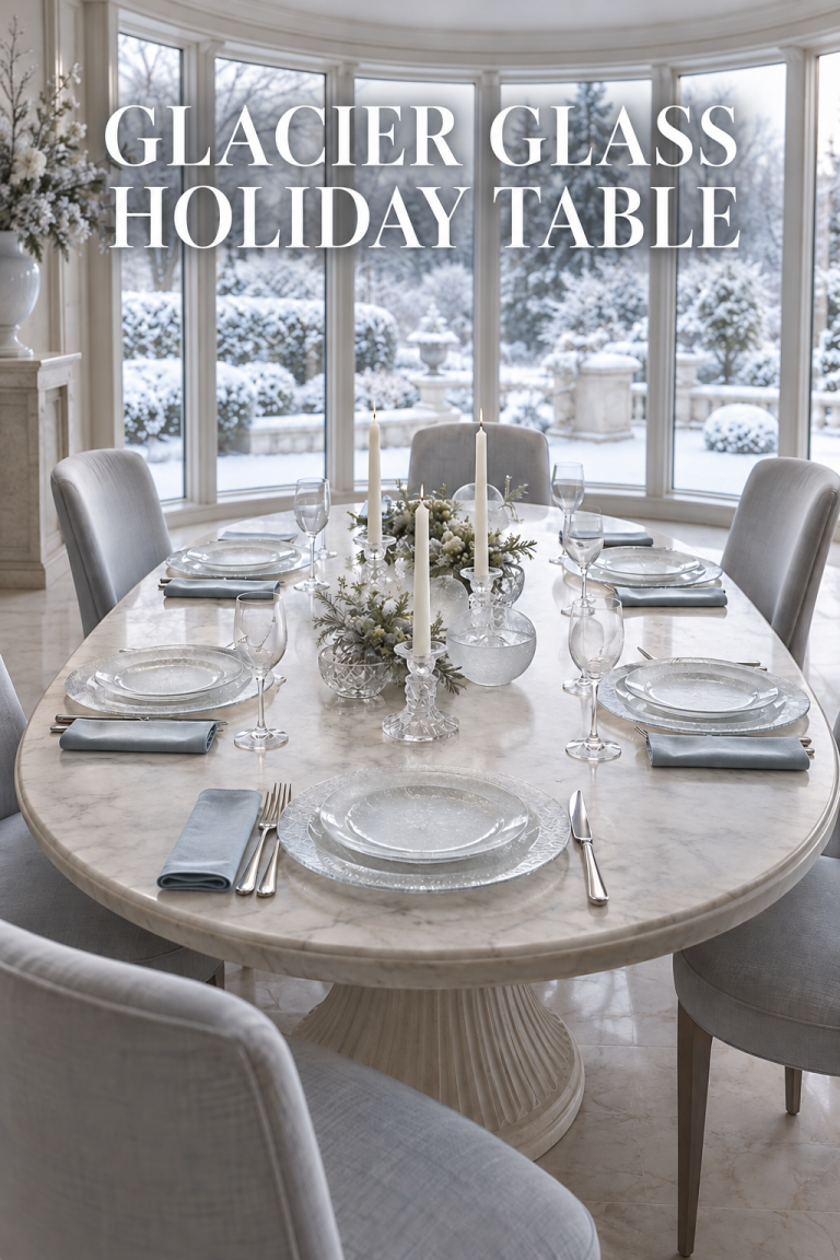 Ice-blue holiday table with glass plates and crystal candleholders.