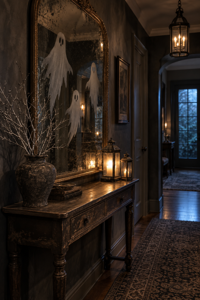 Dark hallway mirror with frosted ghost shapes, branches, and lanterns.