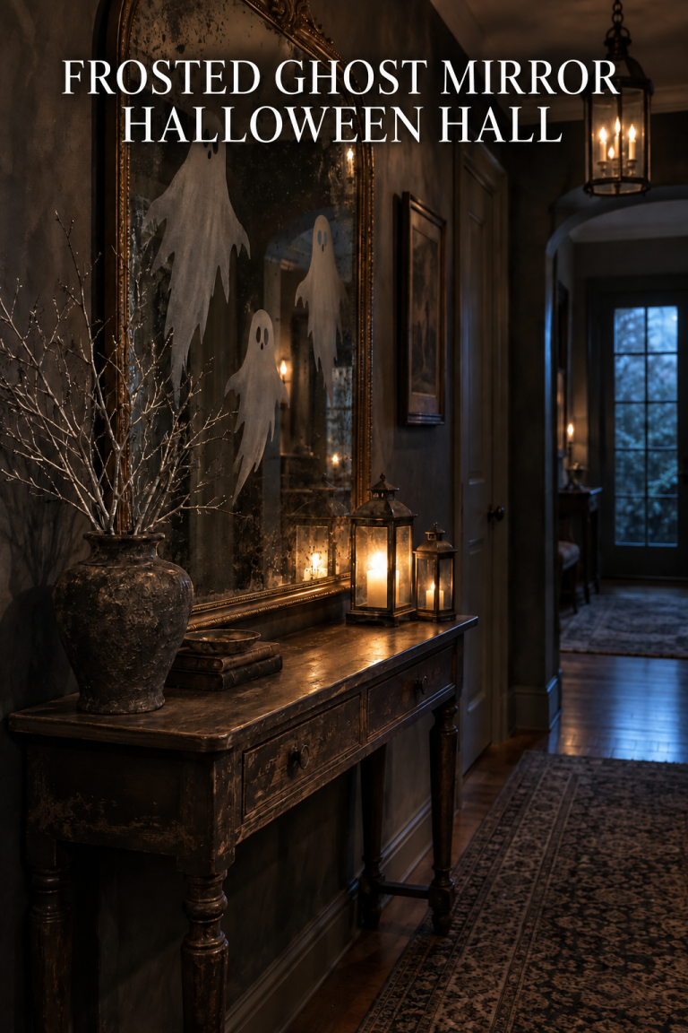 Dark hallway mirror with frosted ghost shapes, branches, and lanterns.