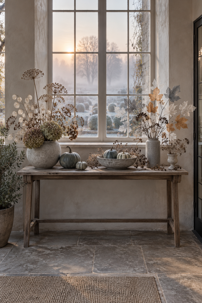 Fall console with blue-gray gourds, dried stems, and translucent leaves.