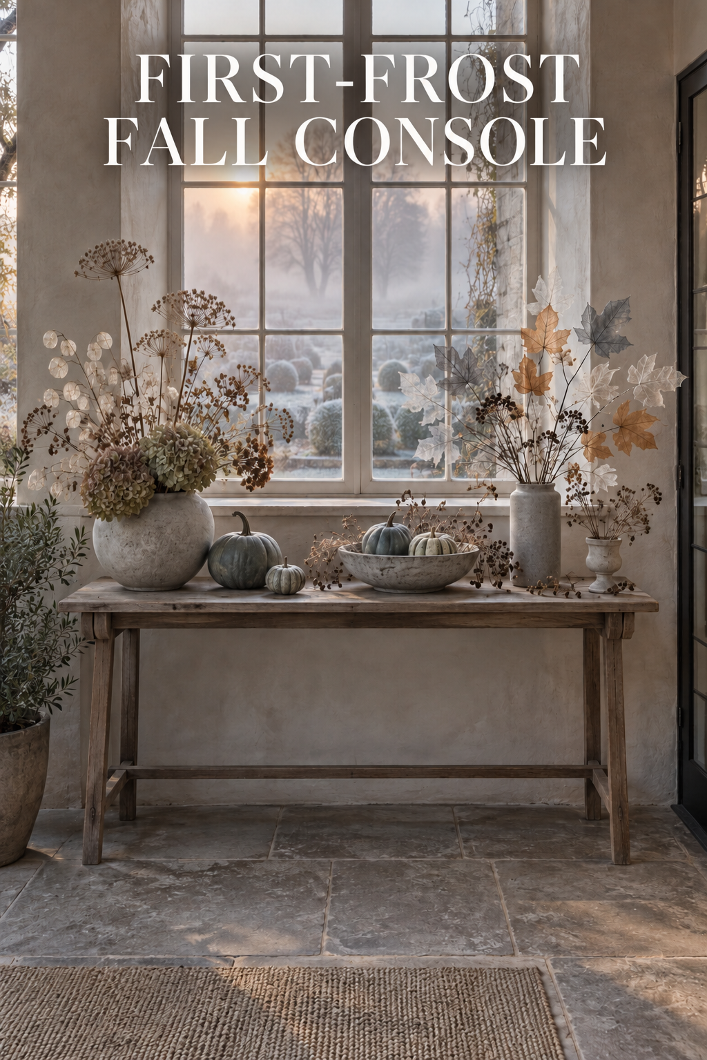 Fall console with blue-gray gourds, dried stems, and translucent leaves.