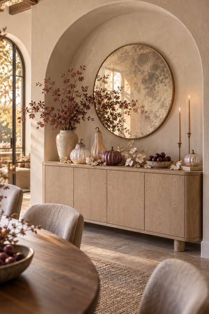 Oak sideboard with opalescent pumpkins, plum branches, round mirror and taper candles.
