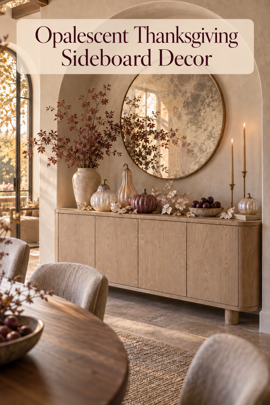 Oak sideboard with opalescent pumpkins, plum branches, round mirror and taper candles.