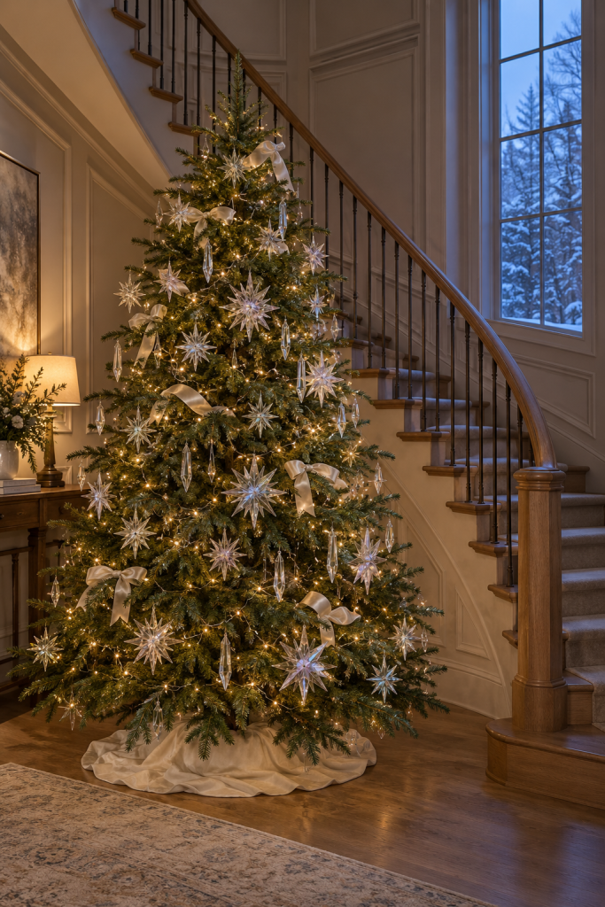 Christmas tree with clear starbursts, pearl bows and prism drops beside a curved stair.