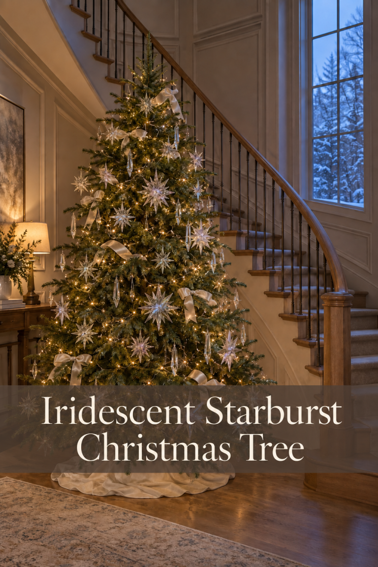 Christmas tree with clear starbursts, pearl bows and prism drops beside a curved stair.