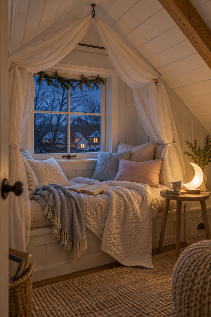 Attic window seat with ivory canopy, quilt, blue and blush pillows and a crescent lamp.