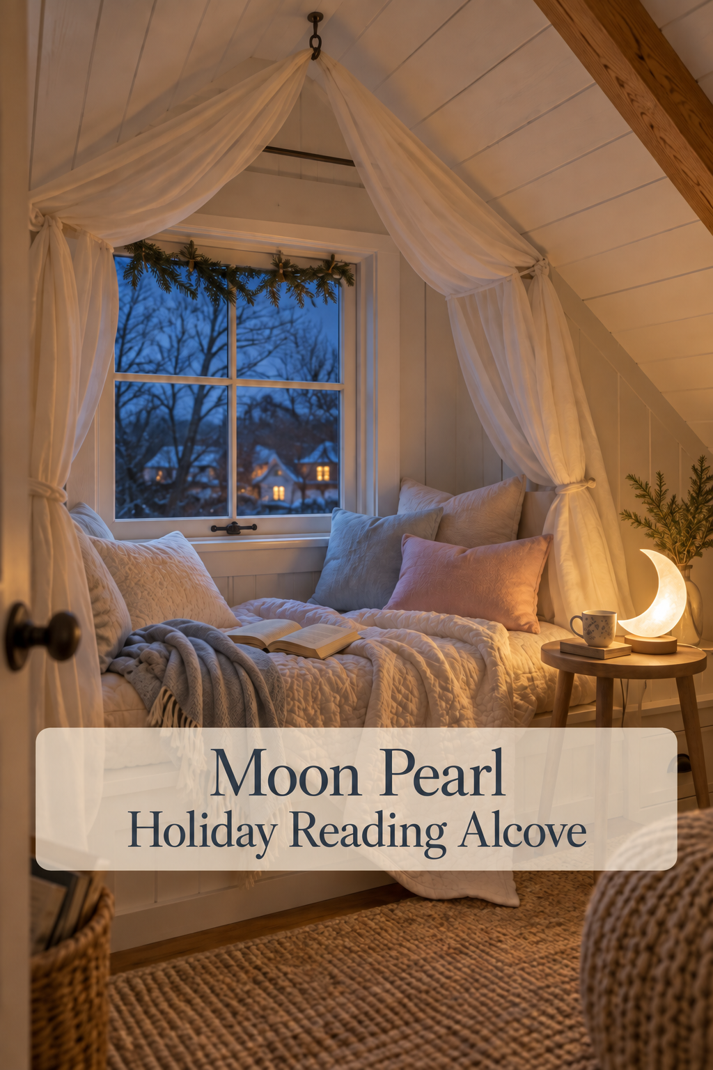 Attic window seat with ivory canopy, quilt, blue and blush pillows and a crescent lamp.