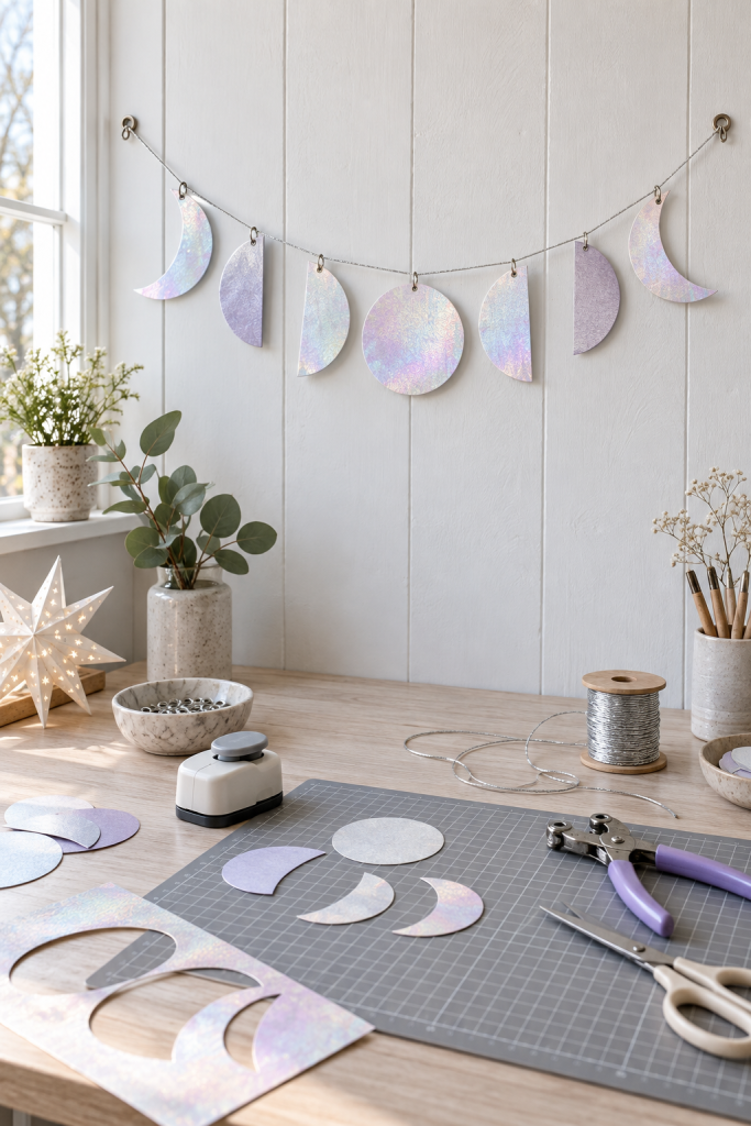 Iridescent paper moon garland above a craft table with silver cord and cutting tools.