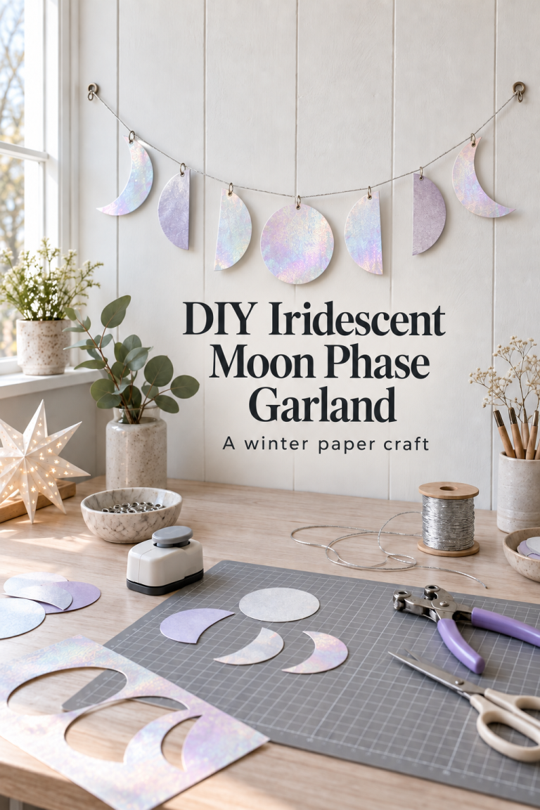 Iridescent paper moon garland above a craft table with silver cord and cutting tools.