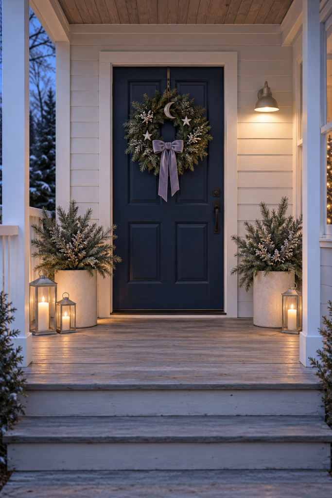 Navy winter porch door with a moon and star wreath, pale planters and glowing lanterns.