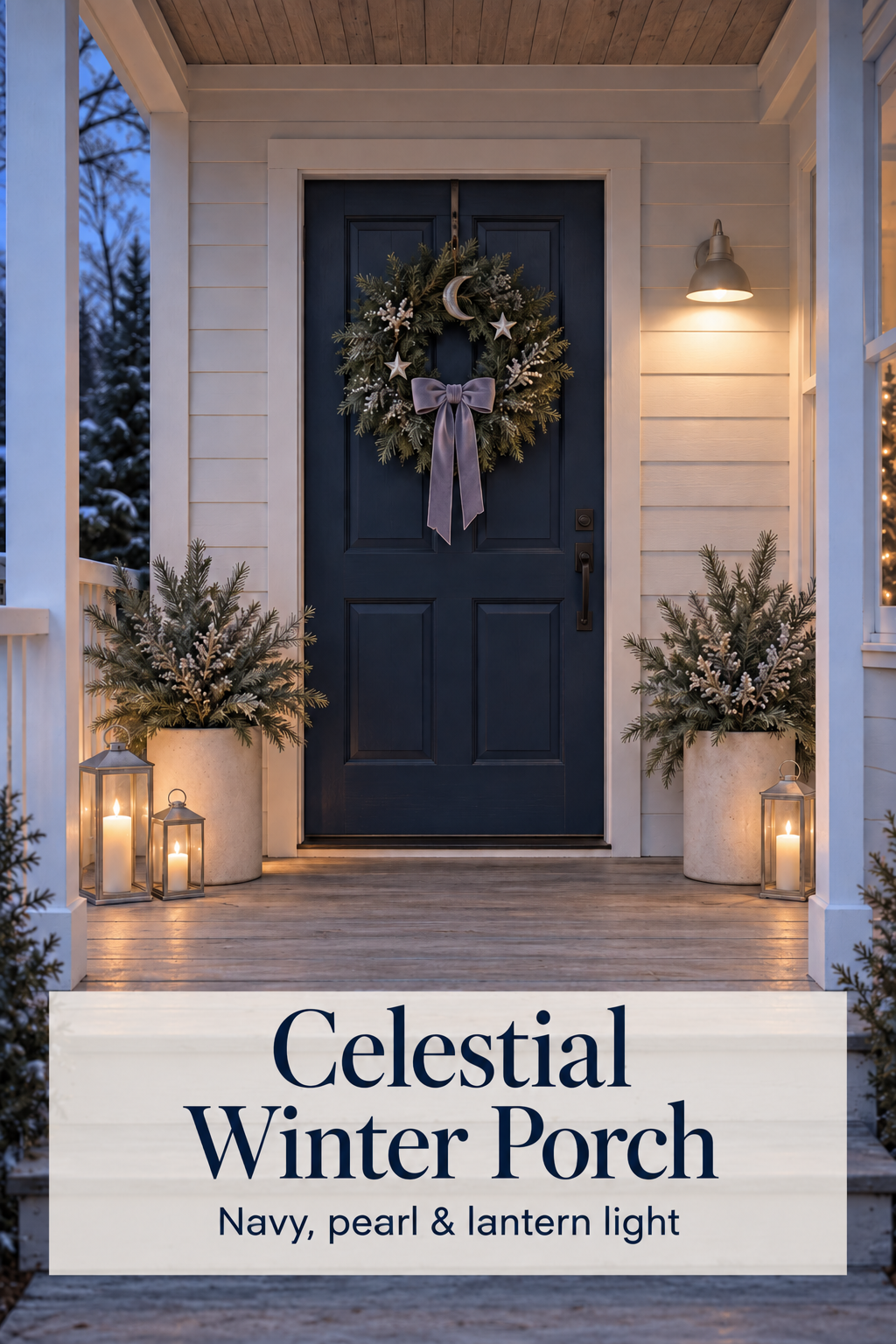 Navy winter porch door with a moon and star wreath, pale planters and glowing lanterns.