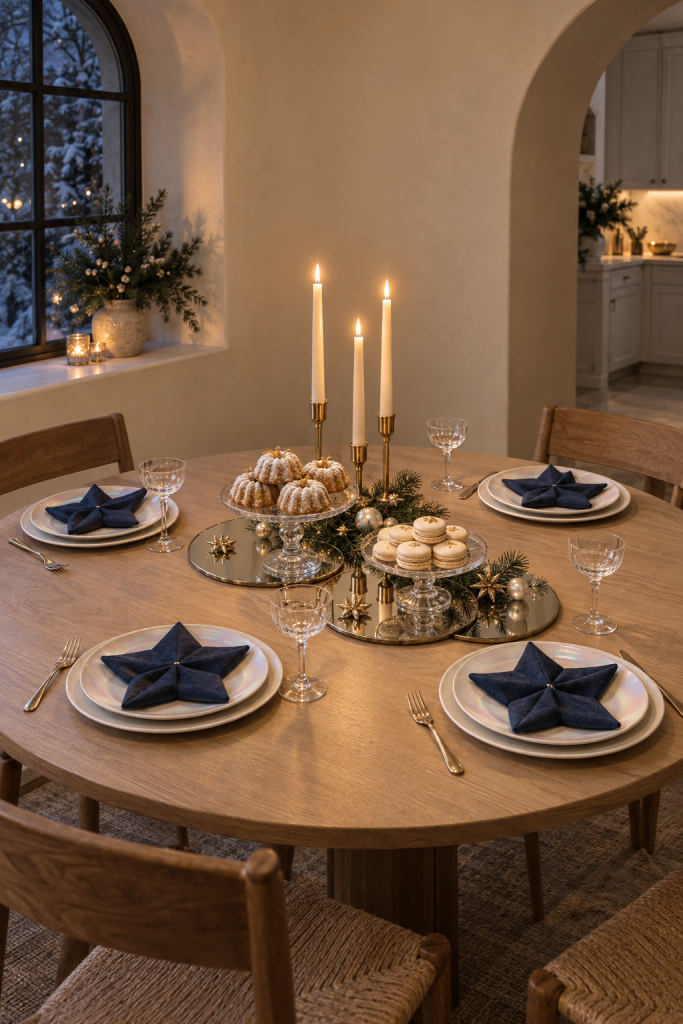 Opaline Christmas dessert table with navy star napkins, glass stands and mirrored trays.