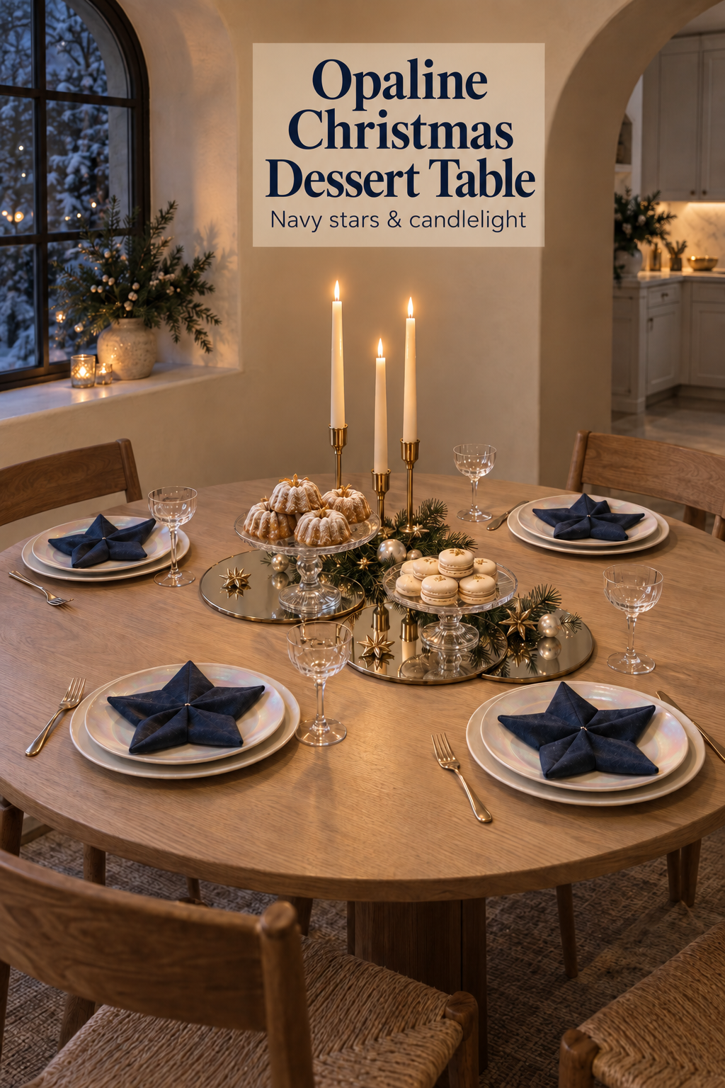Opaline Christmas dessert table with navy star napkins, glass stands and mirrored trays.