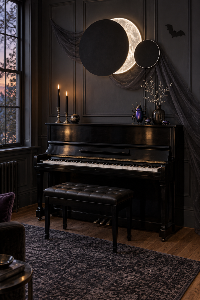 Dark piano room with glowing eclipse wall decor, violet beetles and a bat silhouette.