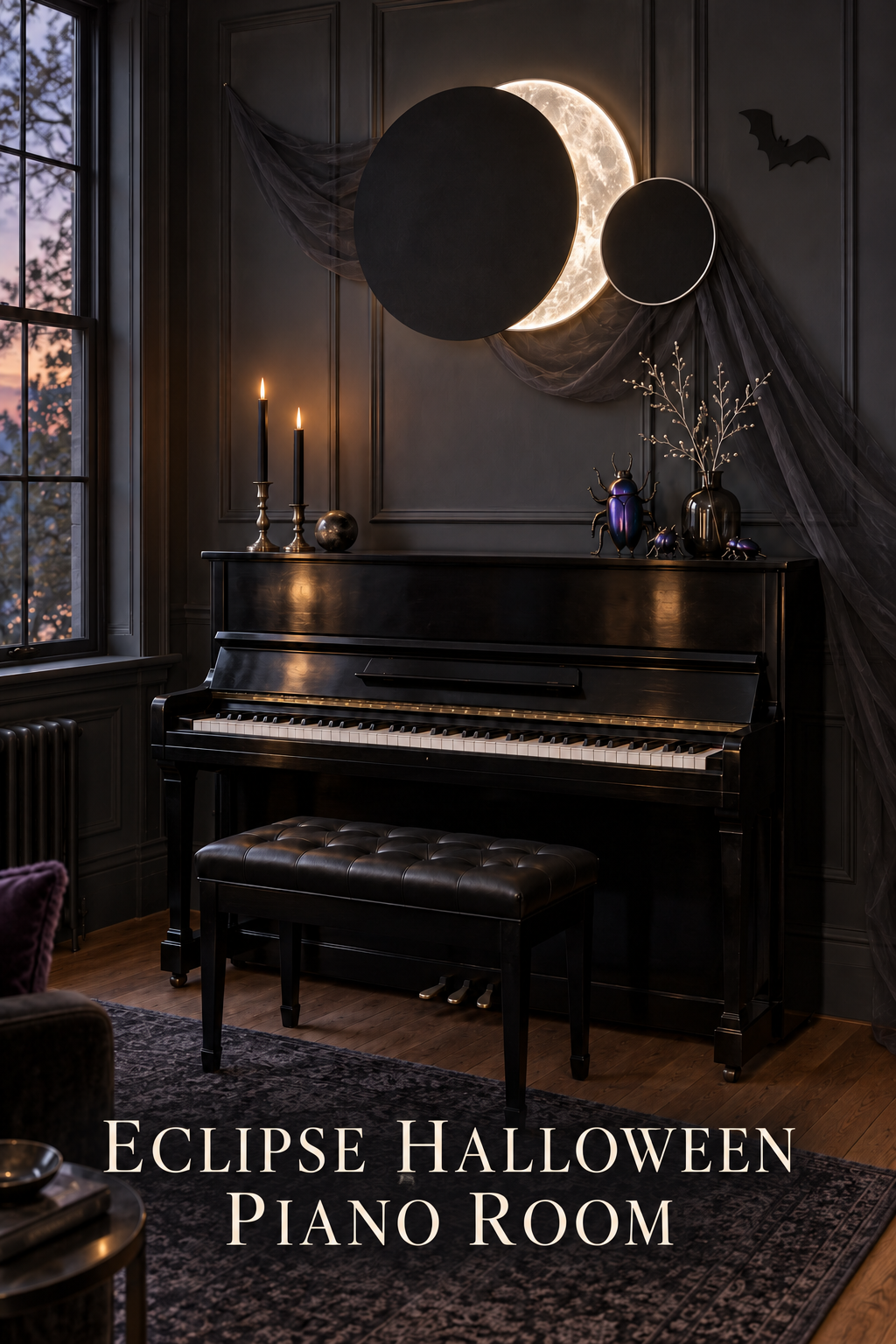 Dark piano room with glowing eclipse wall decor, violet beetles and a bat silhouette.