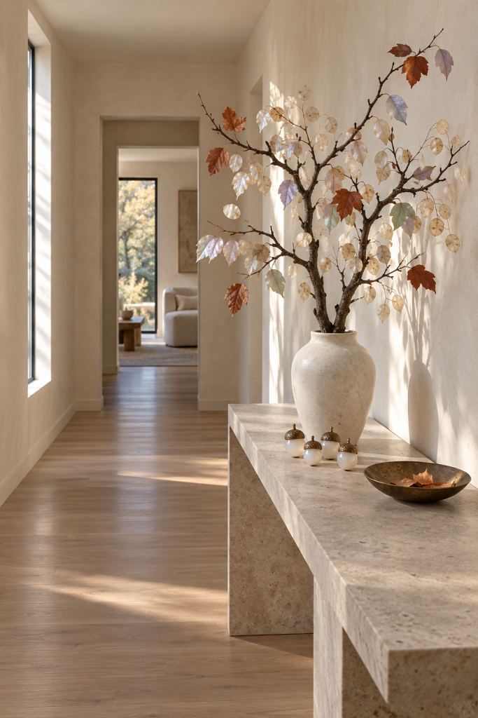 Sunlit hallway console with pearlescent fall branches, pale acorns and a bronze bowl.