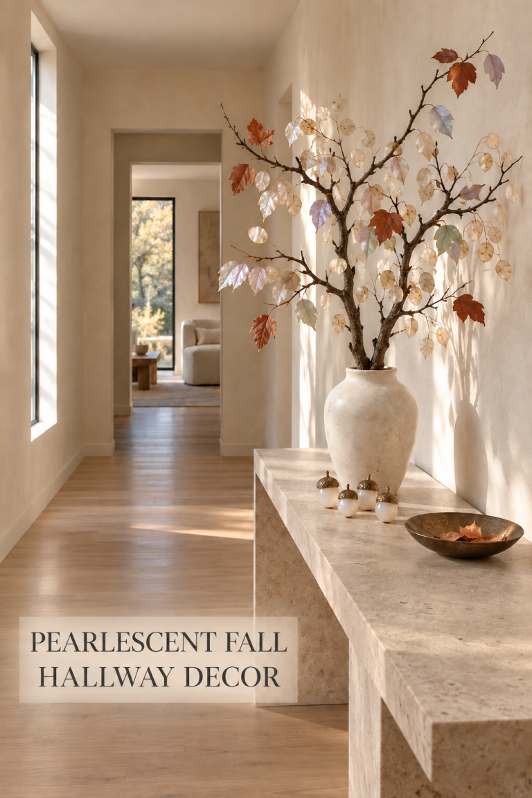 Sunlit hallway console with pearlescent fall branches, pale acorns and a bronze bowl.