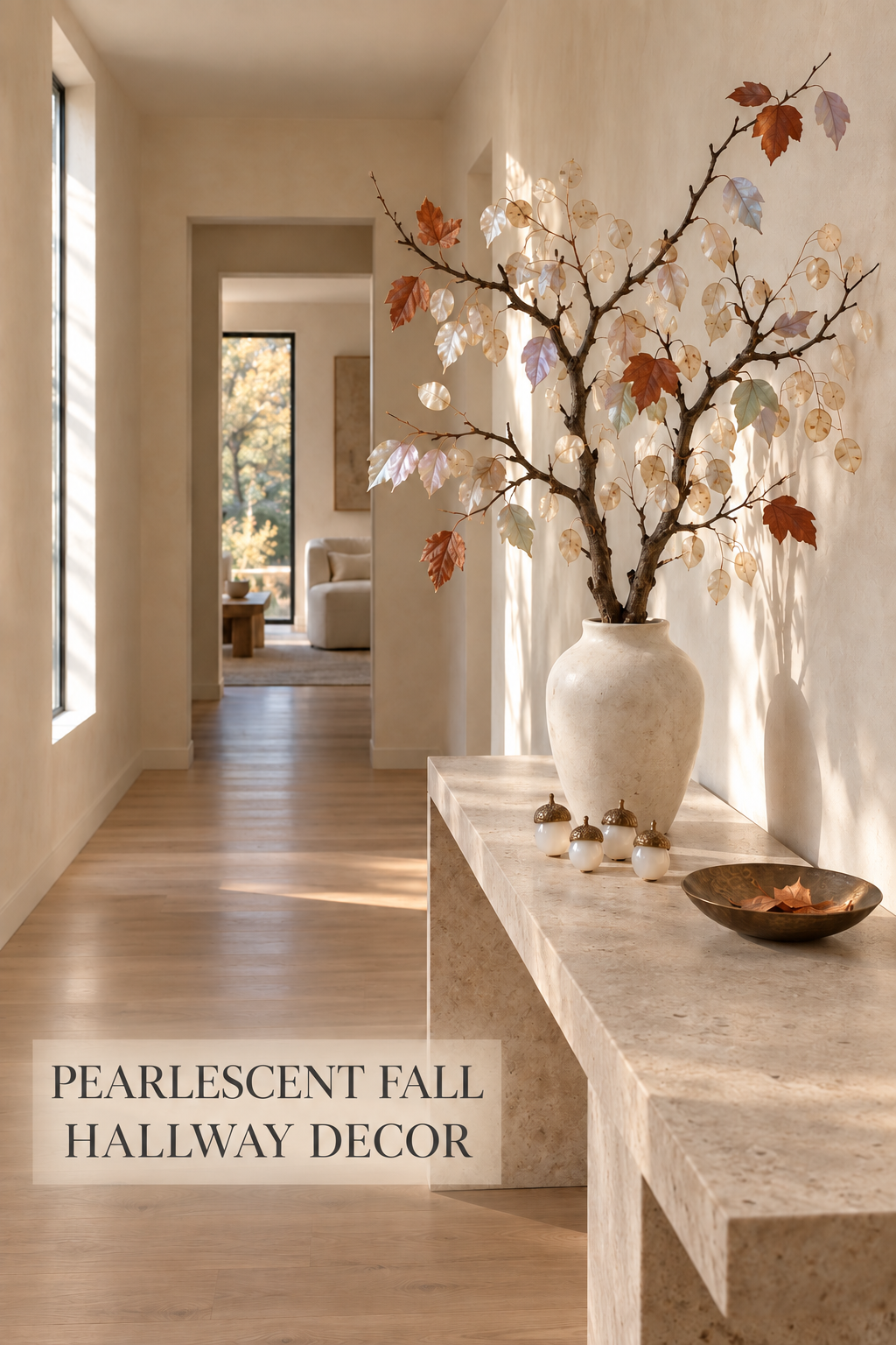 Sunlit hallway console with pearlescent fall branches, pale acorns and a bronze bowl.