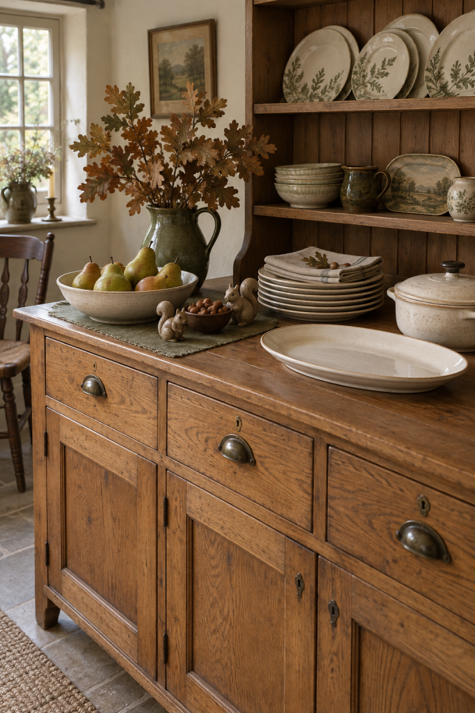 Oak Thanksgiving dresser with pears, brown oak leaves, ceramic squirrels and cream dishes.