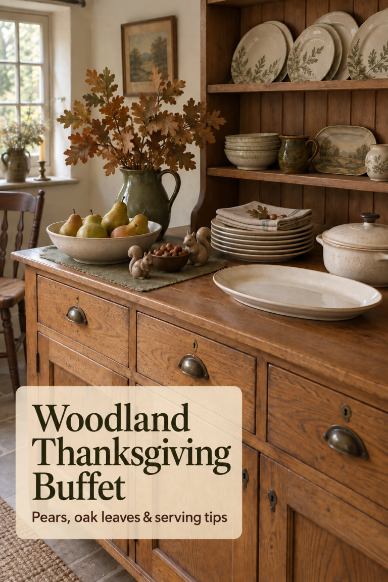 Oak Thanksgiving dresser with pears, brown oak leaves, ceramic squirrels and cream dishes.