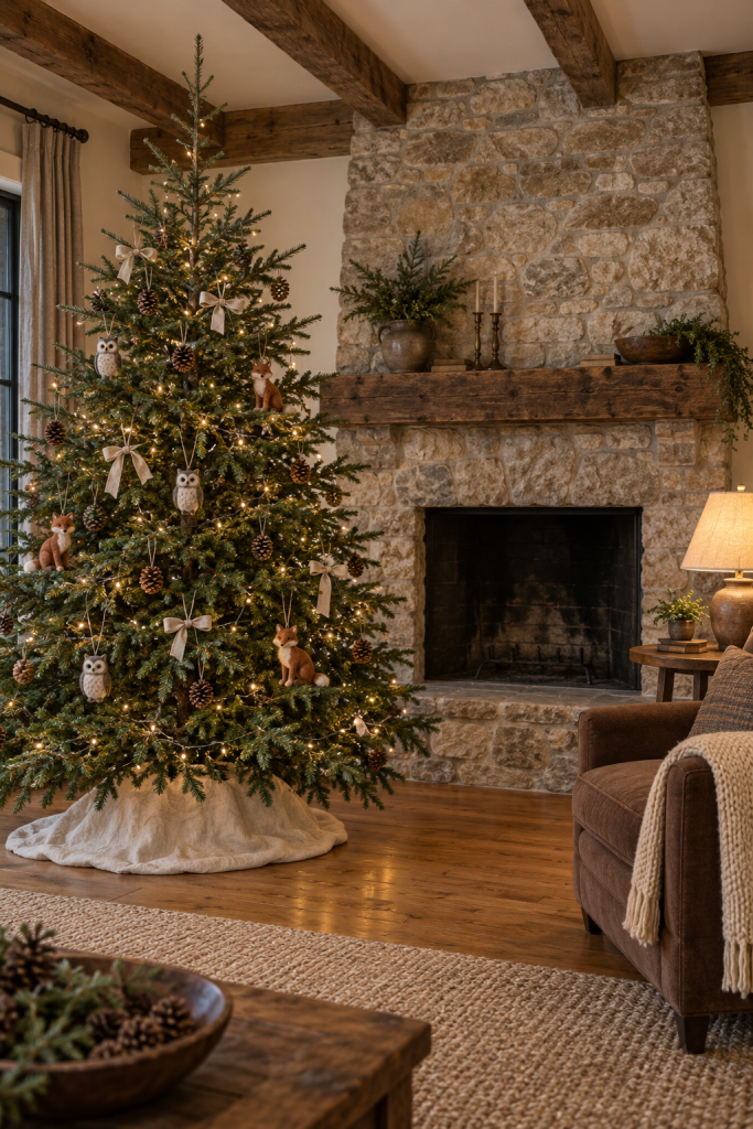 Woodland Christmas tree with felt foxes, owls and linen bows beside a stone fireplace.