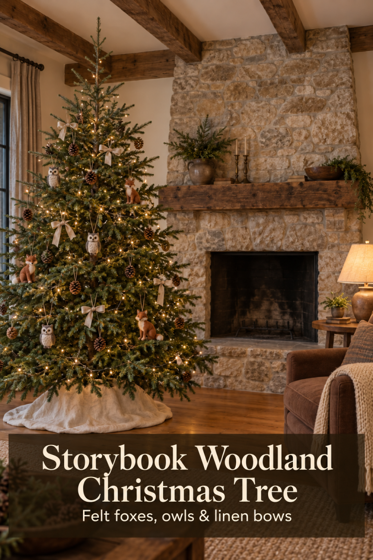 Woodland Christmas tree with felt foxes, owls and linen bows beside a stone fireplace.