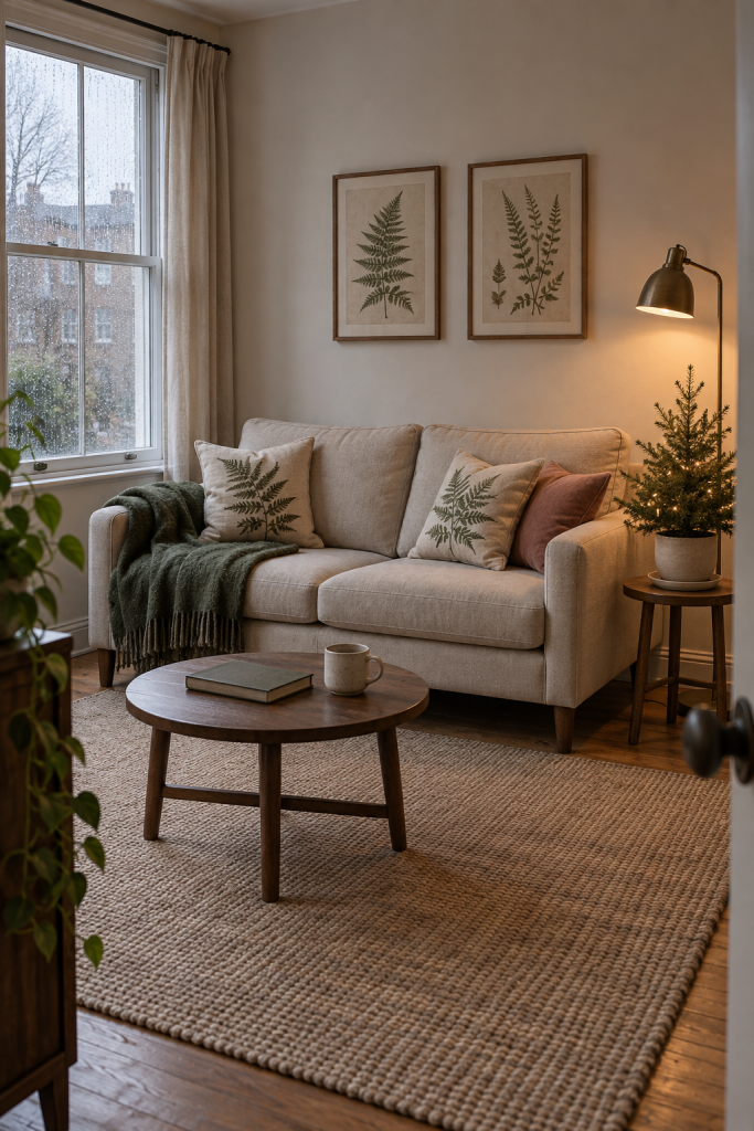 Fern cushions and moss wool throw on an oatmeal sofa beside a small lit holiday tree.