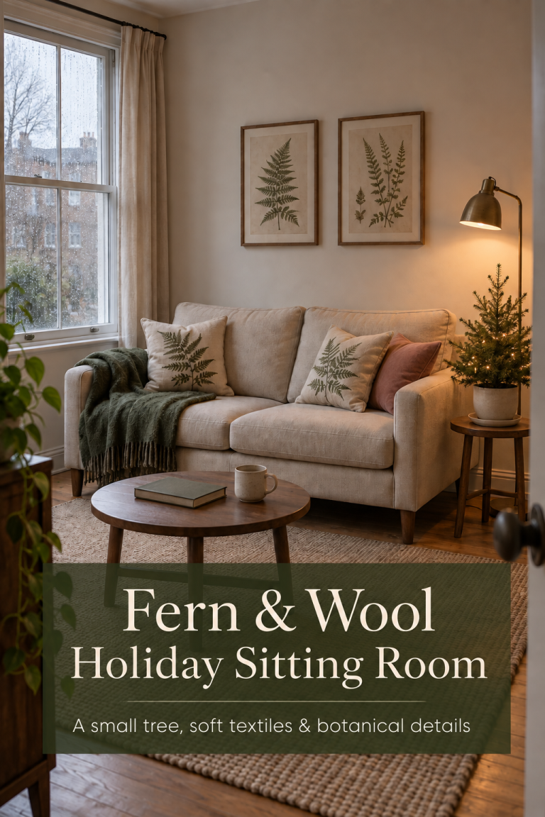 Fern cushions and moss wool throw on an oatmeal sofa beside a small lit holiday tree.