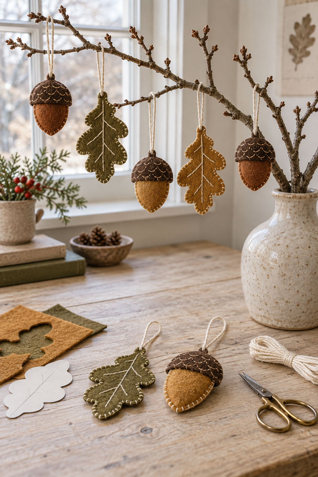 Hand-stitched felt acorns and oak leaves hanging from a branch above a wooden craft desk.