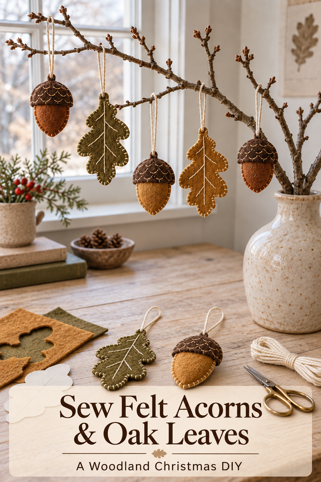 Hand-stitched felt acorns and oak leaves hanging from a branch above a wooden craft desk.