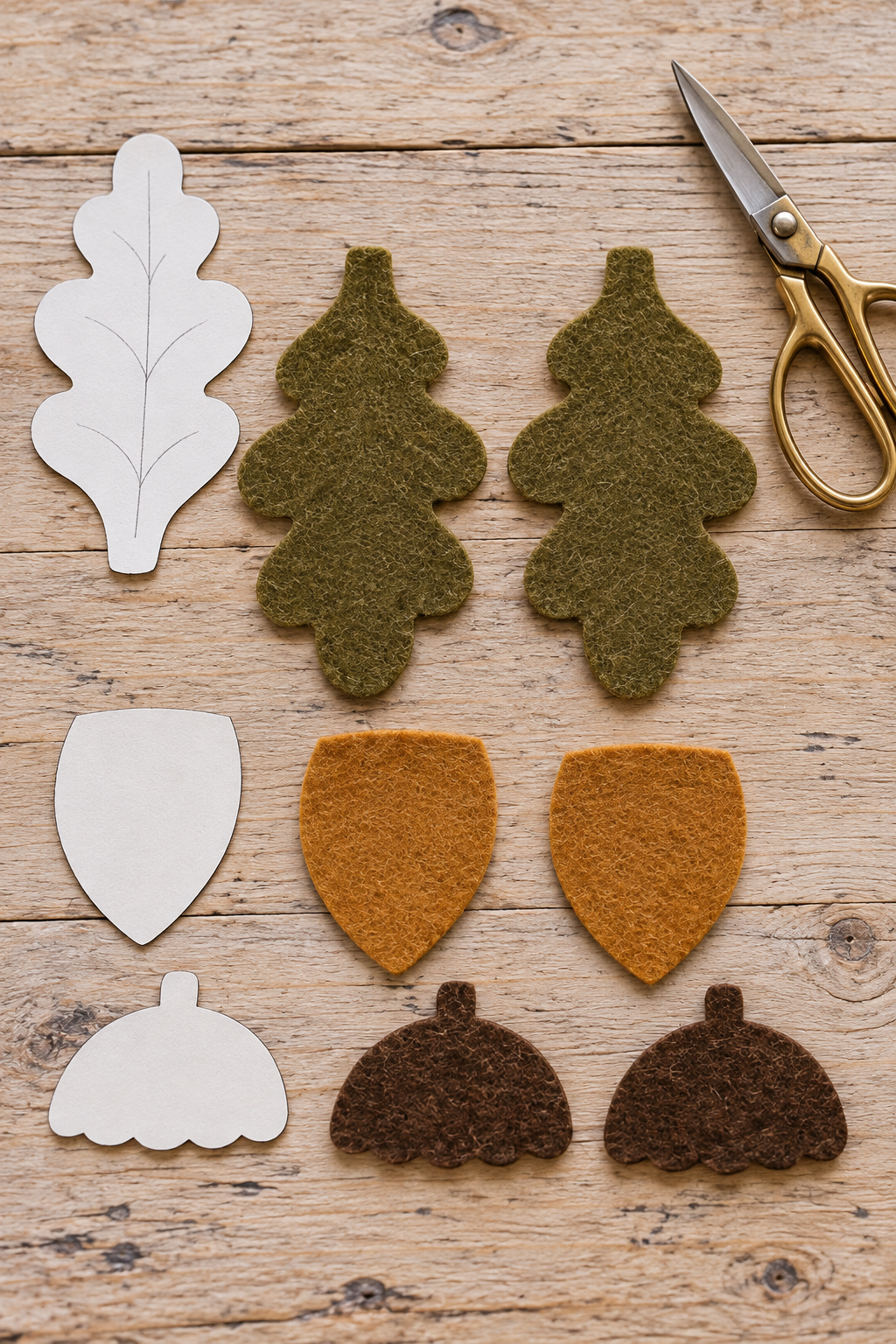 Cut olive felt leaves, ochre acorn bodies, and brown caps beside paper patterns.
