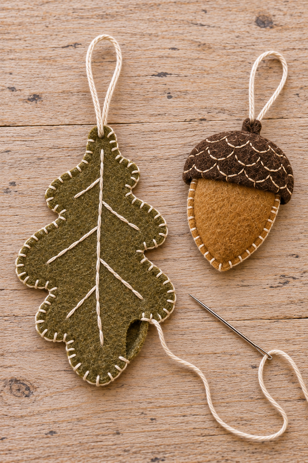 Partly blanket-stitched felt leaf beside a finished acorn and threaded needle.