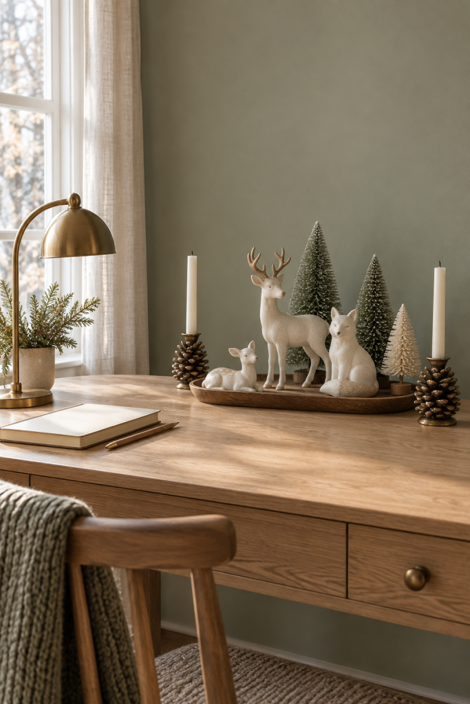Ivory deer and fox figures with bottlebrush trees and pinecone candleholders on an oak desk.