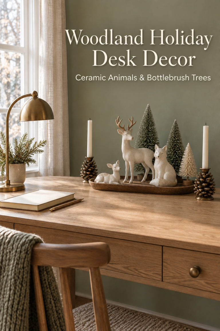 Ivory deer and fox figures with bottlebrush trees and pinecone candleholders on an oak desk.